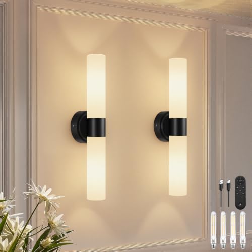 Image of Rechargeable Wall Sconces Set of Two, Modern Matte Battery Operated Wall Light Fixtures with Remote Control, Dimmable Wireless Wall Sconces with Milky Glass for Bathroom Mirror Bedroom Living Room