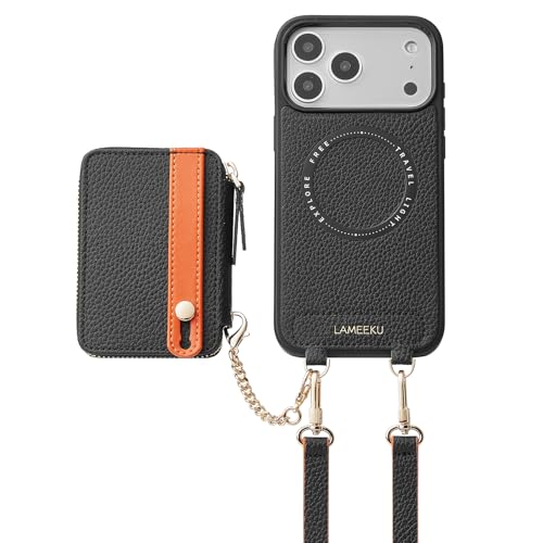LAMEEKU for iPhone 17 Pro Case Wallet for Magsafe, Magnetic Card Holder Leather Crossbody Cover with Phone Grip for Women 6.3'' Black