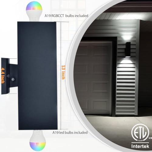 Image of rosykite Smart Outdoor Wall Lights, RGB Color Changing Up Down Sconce 13 inch | Daily Lighting, Dimmable, Tunable White, Aluminum Exterior Lights for Porch , 4 Replace RGB+CCT Bulb, 1300LM, APP Alex Remote