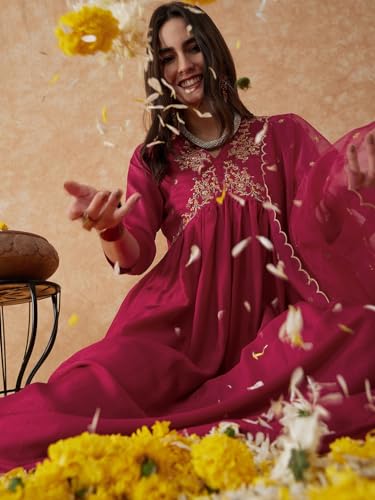 Image of SheWill Women's Vichitra Zari Sequence Embroidery Alia Cut Kurta with Palazzo Dupatta Set