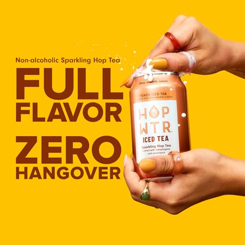 Image of HOPWTR Peach Iced Tea, Non Alcoholic Sparkling Tea with Adaptogens, Nootropics & Vitamin C, Zero Sugar Zero Calorie Functional Beverage, Gluten Free Hop Water Drink (12 Pack, 12oz Cans)