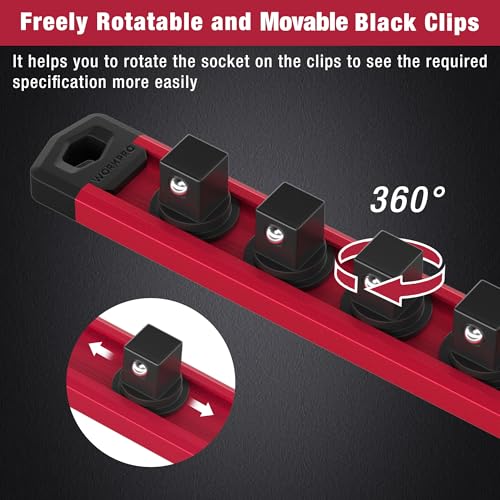 Image of WORKPRO Magnetic Socket Organizer Set, 3-Piece Aluminum Alloy Socket Rail, Heavy Duty Socket Holder, Socket Rack Kit 1 /4-Inch x 12 Clips, 3 /8-Inch x 10 Clips, 1 /2-Inch x 10 Clips (Red)