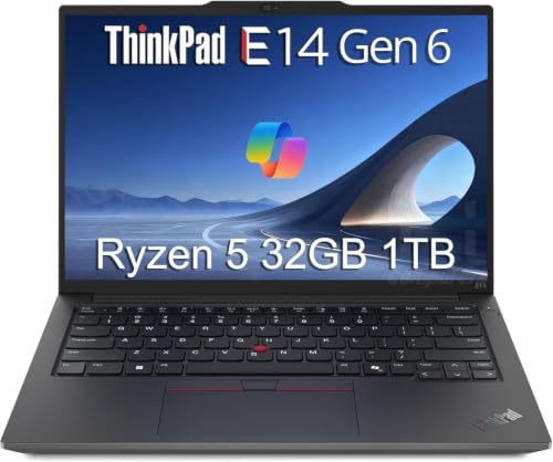 Image of Lenovo ThinkPad E14 Gen 6, AMD Ryzen 5 7535U, 32GB DDR5 RAM, 1TB SSD | Business Laptop, AI PC, 14 inch FHD+ Anti-Glare, > Intel i7-1255U, Fingerprint, Backlit KB, Ethernet, 1080p Webcam, Win 11 Pro