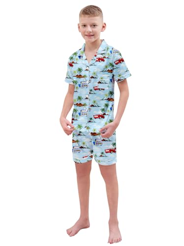 Schbbbta Boys Silk Pajamas Set Button Down Short Sleeve 2 Piece Sleepwear, Hawaii Blue Car, 9-10 Years = Tag 1503