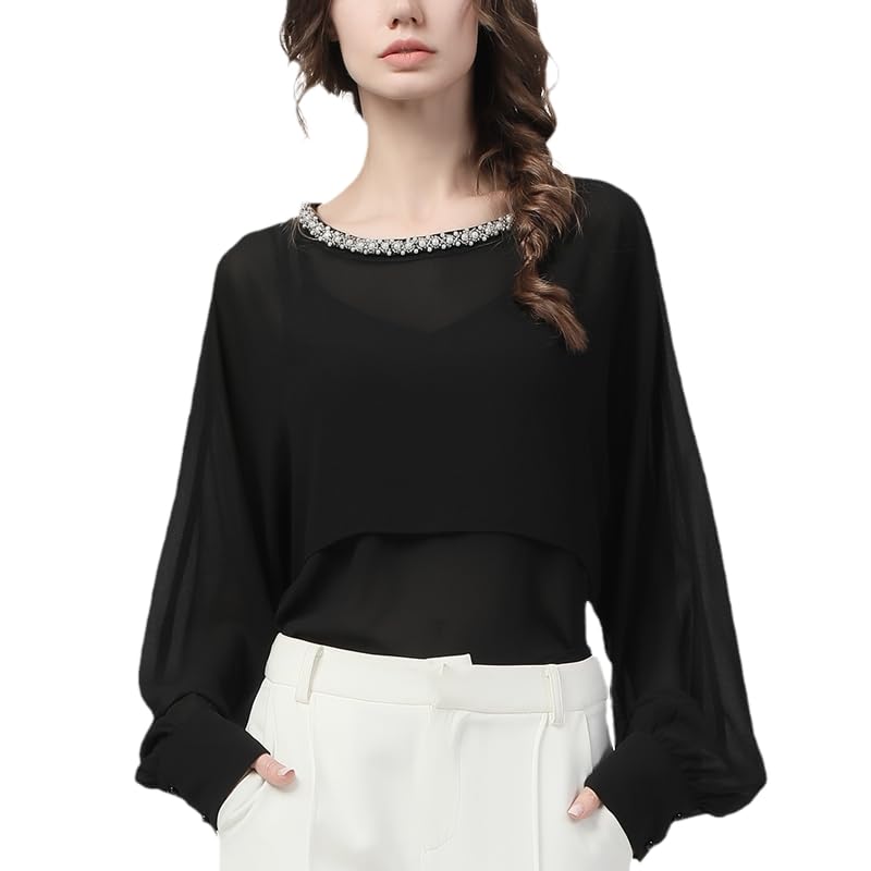 Blusa de Gasa negra con Cuello Redondo y Cuentas para Mujer, Blusa Holgada de Manga Larga de Talla grande, Tops Informales de Oficina para Mujer de otoño (Negro XS)