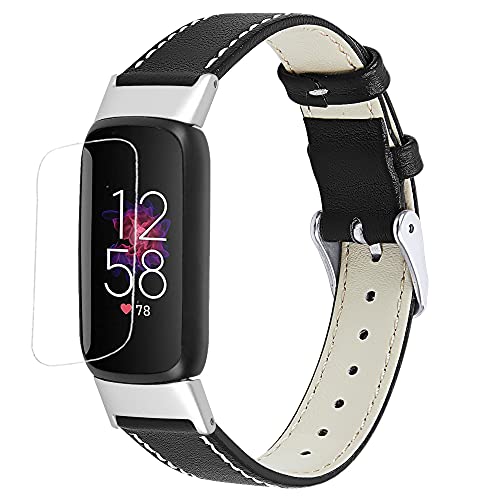 Uzviyo Compatible for Fitbit Luxe Watch Band, Elegant Narrow Leather Strap Wristband with a HD Screen Protector, Soft Bracelet Replacement for Fitbit Luxe Fitness and Wellness Tracker Women (Black)