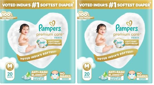 Image of Pampers Premium Care Pant Style Baby Diapers, Medium (M), 20 Count, 7-12kg, All-in-1 with 360 Cottony Softness Diapers (Pack of 2)