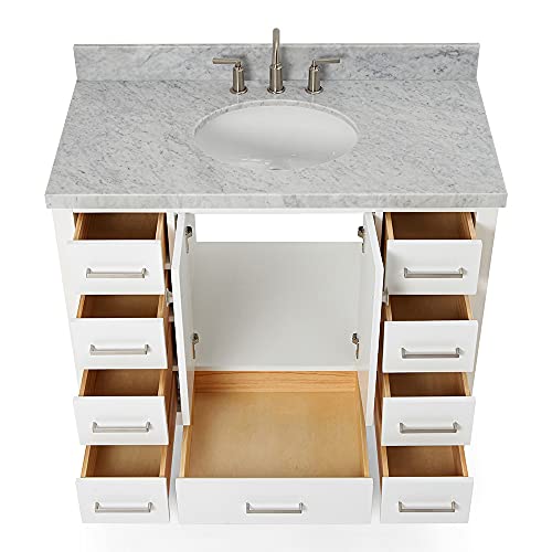 Dkb Beckford Series 43" Inch Single Oval Sink Bathroom Vanity Cabinet In White | Carrara White Marble Countertop | 2 Soft Closing Doors | 9 Full Extension Dovetail Drawers | No Mirror #TOP3