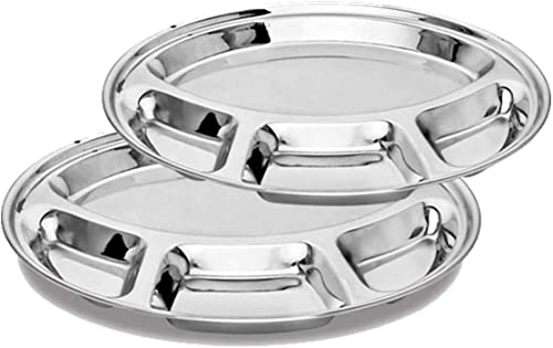RSK Goods Stainless Steel Round 4 Compartment Food Serving Dish Indian Thali, Serving Platter, Food Divided Plate, Size 33cm (1)
