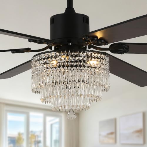 Image of 65'' Black Crystal Chandelier Ceiling Fan with Light
