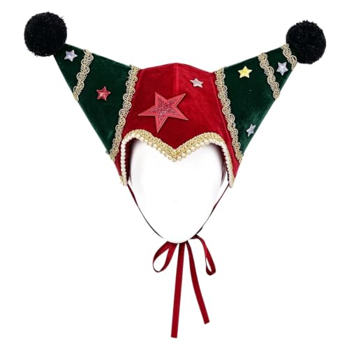 Christmas Jester Clown Costume Hat for Adults Star Dress-Up Velvet Headwear | Christmas Costume Hat, Jester Clown Cosplay Velvet Hat, Star Applique Pompom Cute Dress-Up Headwear for Christmas Accessories - image 7