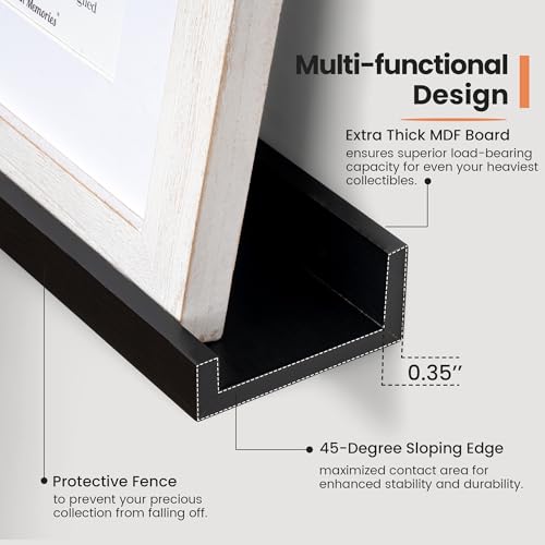 Fun Memories Picture Ledge Shelf, 16 Inch Long Floating Shelves Set of 6, Picture Shelf for Wall with Lip, Large Nursery Book Shelves for Storage, Wall Shelves for Living Room Bedroom Kitchen, Black