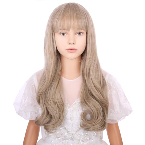 WAVELNM Kids Mixed Blonde Wig with Bangs Girls Long Ash Blonde Wig Cild Wavy Curly Dirty Blond Wigs Daily Halloween Party Cosplay Wigs