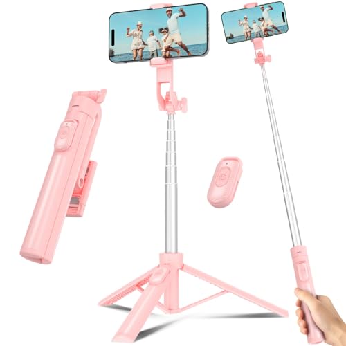 Selfie Stick Travel Tripod for Cell Phone with Remote Control and Phone Holder, Extendable Selfie Stick for iPhone, iPhone Tripod for Video Recording, 50 Inch, Pink