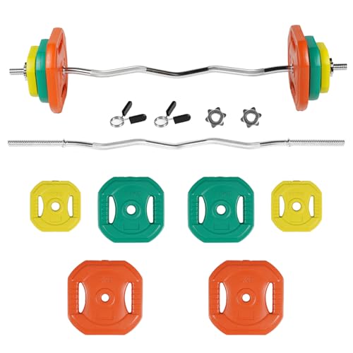 EIGFOH Barra de Pesas con Discos, 20kg,30kg Total, 120cm, Discos de Goma Naranja/Verde/Amarillo, Capacidad 300kg (20kg(2x5,2x2.5,2x1.25) &Barra Z)