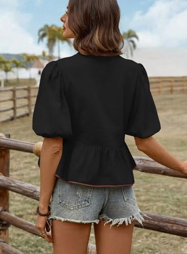 Plus Size Tops for Women Cute Peplum Shirts Spring Trendy Puff Sleeve Blouses Black Round Neck Bohemian Basic Tee Bowknot Light XXL Going Out3