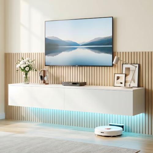 ZZINOKE Mueble TV Salon 180 x 33 x 30cm, con Luces LED, con 2 Taquillas, Apto para Salón, Dormitorio, Blanco