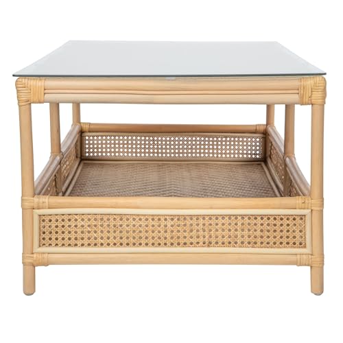 image for Kouboo Rattan Cane Rectangular 2-Tier Open Shelf Coffee Table with Gla