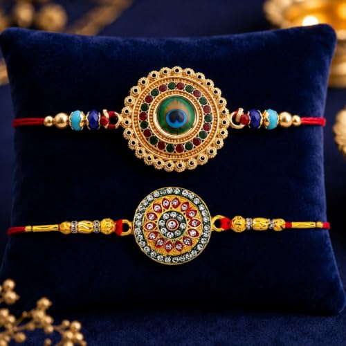 Image of Oblivion Rakhi for Brother with Baby Buddha - Round Shape Colorful Rakhi 2 Pcs with Monk Figurine Idol 4 Pcs, Silver Color Coin, Greeting Card & Tilak Set - Traditional Raksha Bandhan Celebration Combo Pack