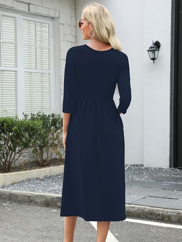 Image of Heymoments Women's Casual 3 /4 Sleeve Midi Dress Crewneck A Line Tiered Flowy Loose Travel Long Dresses with Pockets