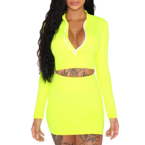 Riclena Women's Sexy Front Zipper Long Sleeve Skinny Crop Top Shorts Two Piece Set Tracksuit (Large, Green Dress)