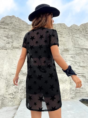 Verdusa Women's Short Sleeve Round Neck Star Print See Through Mesh Short Dress2