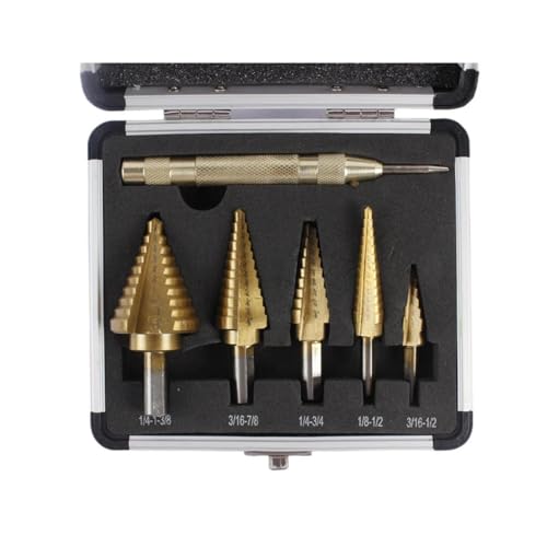 5 piezas Set de brocas escalonadas HSS con punzón central automático y funda aluminio Recubrimiento Broca escalonada ranura recta para chapa metal madera plástico High- Steel