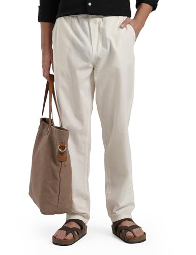 Image of FYLTR Men's Cotton Linen Summer Pants with Elasticated Drawstring Waistband | 4 Pocket Styling | Relaxed Fit | Comfortable Pants for Men