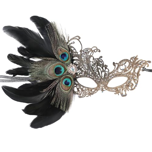 Zinniday Black Masquerade Masks for Women - Peacock Feather Ball Lace Mask Shiny Rhinestone Venetian Eyemask for Woman Couples Renaissance Carnival Dress Party Carnival Costume Evening Prom