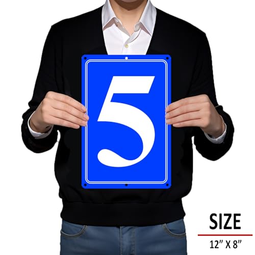 Image of Premium Aluminum Number Signs 5, Metal 12 inch X 8 inch Blue Numbered Signs Outdoor for Parking Lots, Floor, Dock, Court, Aisle, Field, High Visibility, No Fade, Weather-resistant