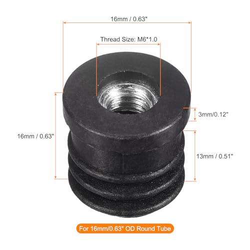 Image of uxcell 10Pcs Plastic Threaded Tube Inserts with M6 Thread, for 16mm /0.63 inch OD Round Tube, Adjustable Round Black Plastic Plug Caster Insert Chair End Caps Furniture Leg Plug