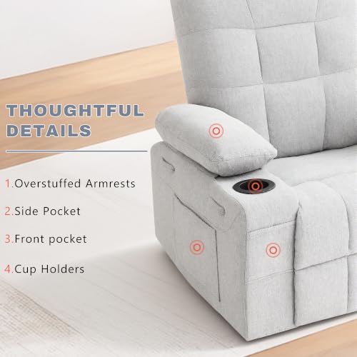 Image of Swivel Rocker Recliner Chair,Recliner Single Sofa with Cup Holders, Manual Nursery Rocking Chair with Side Pockets, Modern Upholstered Recliner for Living Room,Apartment,Home Theater(Grey)