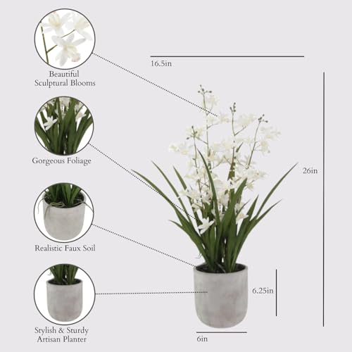 Image of CG Hunter Faux Vanda Orchid Plant, Premium Artificial Indoor Flower Display Stands 26 inch, Beautiful Sculptural Blooms that Lasts Forever, White Planter Pot Included