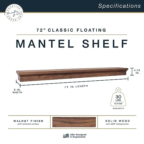 Image of MCS 72-Inch Mantel, Master & Co Walnut Woodgrain Finish Solid Wood Floating Fireplace Mantel, Long Floating Shelf for Livingroom with Wood Cleat Hanging System, Photo and Home Decor Display Shelf