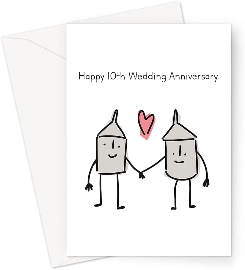 Happy 10th Wedding Anniversary Greeting Card | Tin Wedding Anniversary Card, Two Tin Cans In Love, For Spouse, Married Ten Years