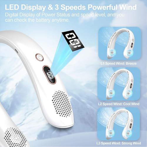 Image of VEKK Neck Fan, Portable Bladeless Fan, 6000mAh Battery USB Rechargeable, LED Display, 360 Cooling Wearable Personal Fan, 3 Speeds, Quiet, Hands Free Neck Fans for Travel, Outdoor, Camping- White