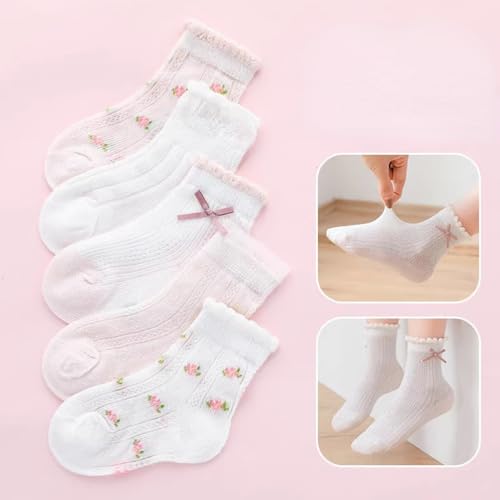 5 Pairs Girls' Thin Floral Strawberries Crew Socks with Ruffled Top for Spring Autumn Summer4