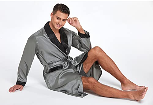 Image of TONY AND CANDICE Men's Satin Robe Lightweight Long Sleeve Silk Kimono Bathrobe with Shorts Set Sleepwear