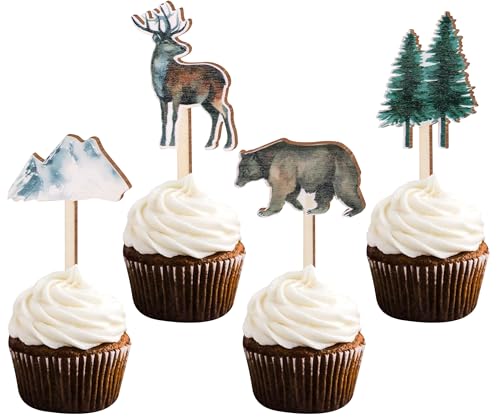 Sursurprise 16PCS Adventure Theme Cupcake Toppers Wooden Forest Mountain Cake Toppers for Adventure Baby Shower Decorations Birthday Party Supplies