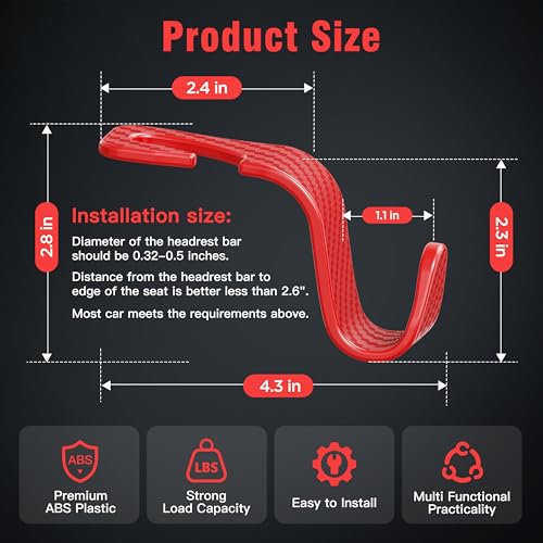 Image of 4-Pack Car Headrest Hooks Holds 55lbs Seat Storage Organizer for Bags | Durable ABS Material, 360 Rotating, Car Hanger for Backpack Umbrella Water Bottle Coat Handbags Groceries, Checkered Red