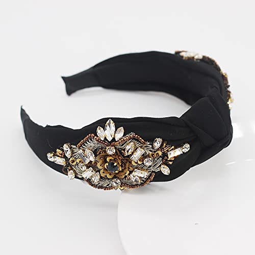Yusier Baroque Rhinestone Crystal Headbands For Women Top Knot Headband Handmade Jewelry Girls Hair Accessories Exquisite Embroidered Wide Headbands Fashion Hairband (Black) #TOP2
