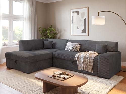 BROMARKT Ecksofa mit Schlaffunktion 260 cm L Form Grau Links Seite Couch Sofa mit Bettkasten Schlafcouch Schalsofa 3 sitzer Eckcouch Sofabett Wohnlandschaft Cordstoff
