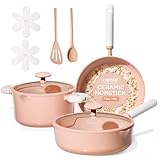 CAROTE Pots and Pans Set Nonstick, Ceramic Cookware Set, Pink Cooking Set Kitchen Induction Set with Steamer, PFAS PTFE Free,9 Piece
