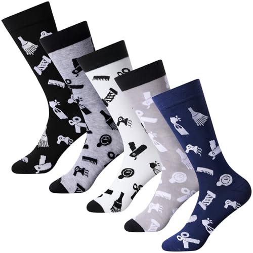 Ramede 5 Pairs Barber Gifts Socks for Men Novelty Hairdresser Hairstylist Crew Socks Barber Gifts for Men Women
