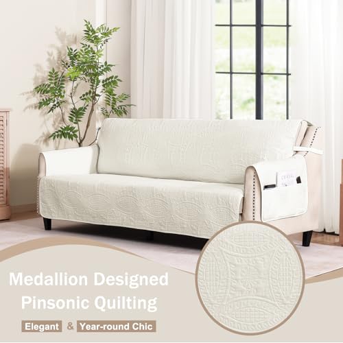 Image of Quilted Grand Sofa Covers for 4 Cushion Couch, Couch Cover for Grand Sofa Washable, Soft Cozy Couch Protector, Oversized Grand Sofa Slipcovers Water-Repellent (Grand Sofa 98 inch, Ivory White)