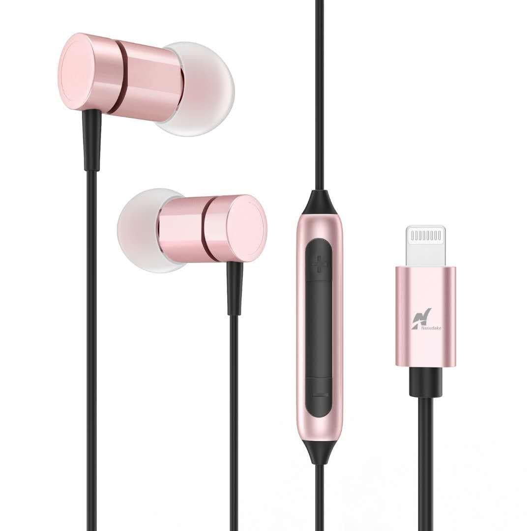 NASUDAKE A1 Lightning Earbuds Earphones headphones Apple MFi Certified Siri Active in-Ear w/Mic & Remote Control iPhone 7 Headphones for iPhone 11 Pro Max X/XS/XS Max/XR (Rose Gold)