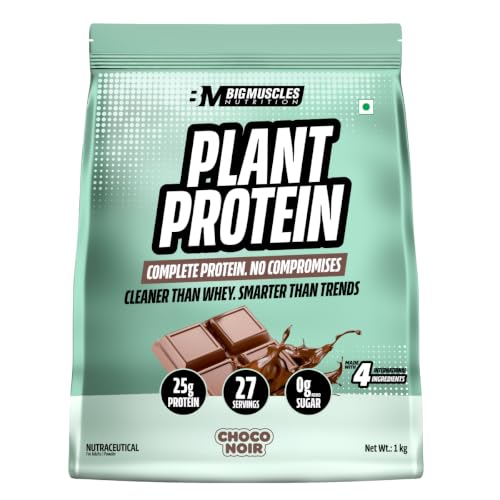 Image of Bigmuscles Nutrition Clean Plant Protein | 25g Pea & Rice Protein Isolate Per Serve (1kg, Chocolate Noir) | Complete Amino Acid Profile | Easy Digestion & Non-Chalky