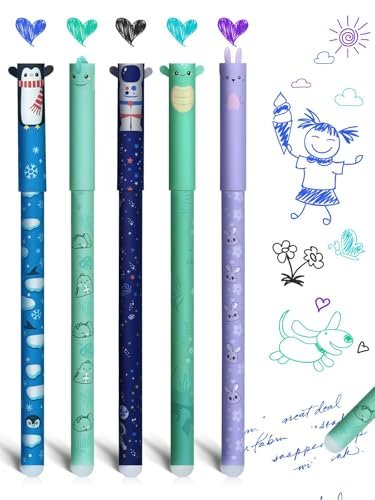 GutSache Lot de 5 stylos gel effaçables avec encre sensible à la chaleur, 0,7 mm, stylos roller effaçables, motifs pingouin, lapin, dinosaure, tortue,...