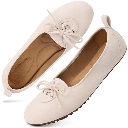 Image of Ecetana Flats for Women Dressy Shoes Round Toe Comfortable Faux Suede Slip On Foldable Ballet Flats for Casual Work