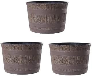 Jinfa 3 Maceteros Grandes Exterior de plástico Efecto Madera | Color Roble | Diseño Medio Barril | Ø 36 cm